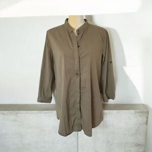 J.jill Olive Green Mandarin Collar Button-Down Tunic Blouse with Roll-Up Sleeves